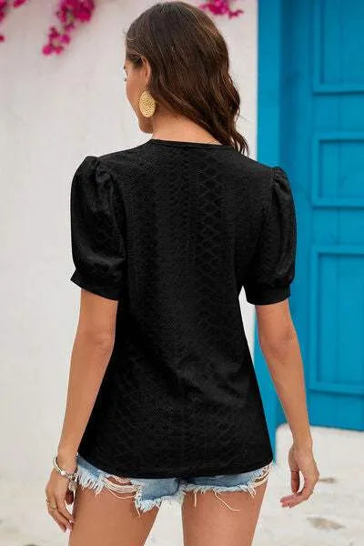 Eyelet V-Neck Short Sleeve T-Shirt Women's T-Shirts - Tophatter Daily Deals